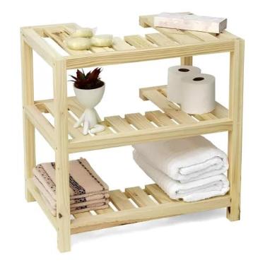 Imagem de Gabinete Rústico para Banheiro com 3 Prateleiras – Estante de Madeira Pinus Organizador Decorativo(Com Rodas)