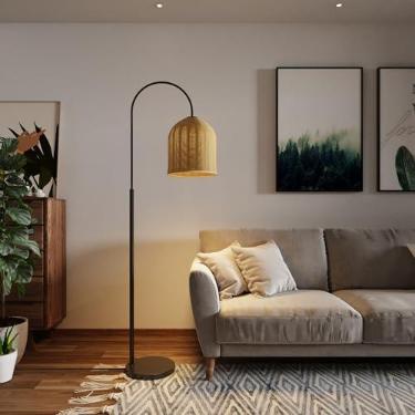 Imagem de EzeeLum Luminária De Chão De Vime, 66 Pol. Luminária De Chão Boho Com Cúpula De Vime Marrom Natural, Luminária De Pé Rústica Em Arco Para Decoração Costeira, Praiana Ou Estilo Boêmio (Costeira-Preta)