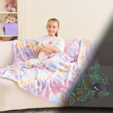 Imagem de Wajade Presentes de unicórnio para meninas - Cobertor de unicórnio que brilha no escuro, decoração de aniversário e páscoa para crianças de 3 4 5 6 7 8 9 10 11 12 anos de idade adolescentes crianças