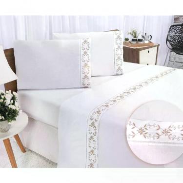 Imagem de Jogo Lençol Veneza Quarto Casal Padrão Bordado 4 Peças 2fronha Cor:branco Com Caqui