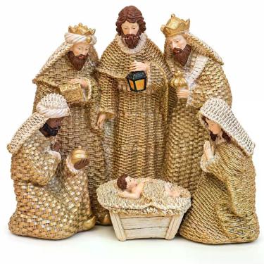 Imagem de Presépio de Natal em Resina 30x15x27cm Dourado com Sagrada Família e R