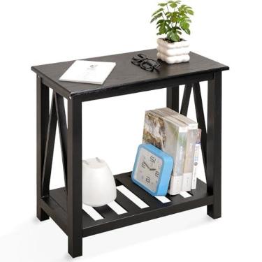 Imagem de Mesa lateral estreita com prateleira de armazenamento, mesa de cabeceira de madeira de 2 níveis para pequenos espaços, mesas laterais de sofá com detalhes modernos pretos para sofá, sala de estar
