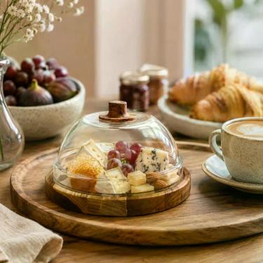 Imagem de Porta Queijo Madeira Teca com Cúpula Vidro Transparente 19cm - Luggari