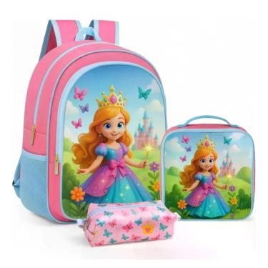 Imagem de Mochila de Costas Infantil Kit Escolar Lancheira e Estojo Grande Femin