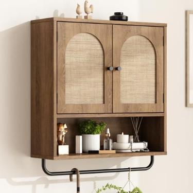 Imagem de RUSTOWN Armário de parede de banheiro de vime, armário de armazenamento boho sobre o vaso sanitário com portas arqueadas de vime, armário de medicina moderno com prateleiras ajustáveis