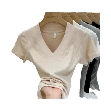 Imagem de Camiseta Feminina Branca De Malha Canelada Com Decote Em V, Ajuste Sli