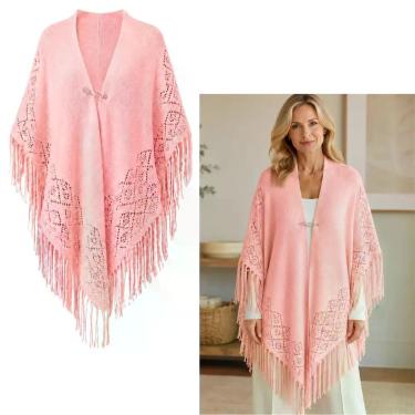 Imagem de Poncho Feminino em Tricot Premium com Franjas Elegante Inverno Luxo (1