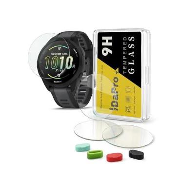 Imagem de iDaPro [4 peças protetoras de tela para Garmin Forerunner 165 / Forerunner 165 Music+ [4 peças] plugues de silicone antipoeira, vidro temperado, dureza 9H, anti-arranhões, antibolhas