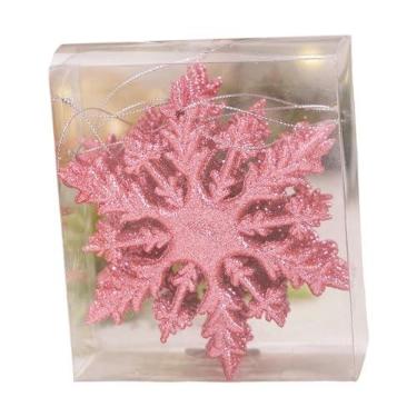 Imagem de Esquirla 6 x Enfeites de Floco de Neve Brilhantes de Natal Multiuso 12x10,5 cm para Decoração de Guirlanda Pingentes de Floco de Neve com Corda, Rosa
