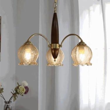 Imagem de Luminária pendente vintage de cobre com flores e vidro para sala de estar e quarto, estilo rústico japonês-americano retrô, em madeira maciça, para sala de jantar (3 lâmpadas)