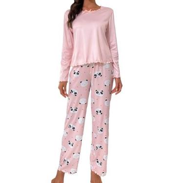 Imagem de SweatyRocks Conjunto feminino de manga comprida e gola redonda com acabamento de alface e calça para dormir, rosa, P