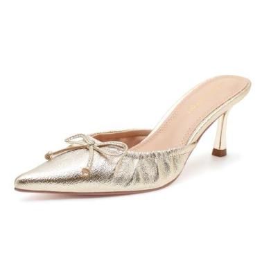 Imagem de Salto gatinho feminino elegante bico fino salto laço sandálias vintage mules sexy salto agulha sapatos casuais, Dourado, 39