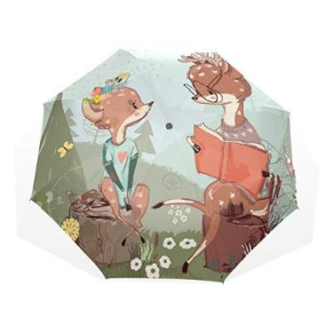 Imagem de U LIFE Guarda-chuva dobrável Hello Welcome Spring Cute Elk Veado Floral Flower Sun Rain compacto dobrável Manual Open Close