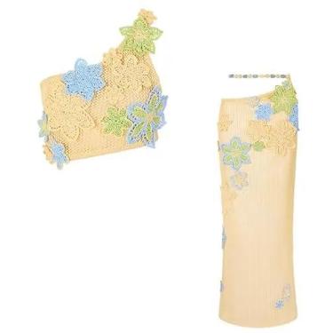 Imagem de Earthradius Conjunto de saia feminina com espartilhos de malha de crochê, flores coloridas, vazado, costas nuas, colete cropped top midi saia feminina (B, M)
