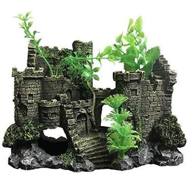 Imagem de SLOCME Decoração de castelo de resina medieval de aquário - acessório realista para castelo de aquário de peixes, abrigo para peixes Betta e répteis
