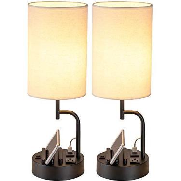 Imagem de Dreamholder Luminária de mesa com 3 portas de carregamento USB, lâmpada de mesa moderna com tomada CA e suportes para telefone, lâmpada de cabeceira perfeita para quarto, sala de estar, escritório (pacote com 2)