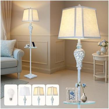 Imagem de LuxSight Collection Luminária De Chão Vintage Com Luz Noturna E Bandeja Vidro, 65" Altura, Estilo Retrô, Acabamento Azul Lavado, Abajur Linho Branco, Decoração Alta Fazenda Para Sala Estar, Quarto C