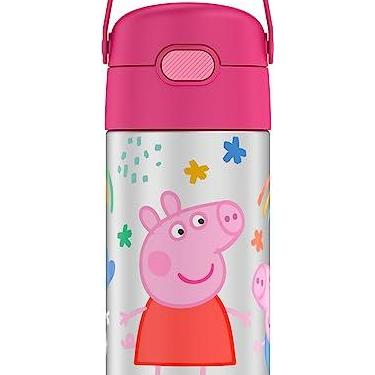 Imagem de THERMOS FUNTAINER Garrafa de água com canudo - 340 g - Garrafa de água infantil isolada a vácuo de aço inoxidável com tampa, Peppa Pig