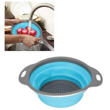 Imagem de Escorredor de alimentos azul silicone retratil portatil macarrao lavar