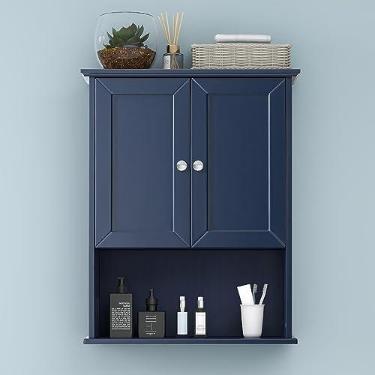 Imagem de VANIRROR Armário de parede de banheiro azul sobre armários de armazenamento de vaso sanitário 61 x 76 cm acima dos armários de remédios de madeira para banheiro armário de banheiro montado na parede armário de banheiro com 2 portas e prateleira ajustável, alça de metal