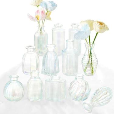 Imagem de Conjunto de 12 vasos de botão, vaso de vidro iridescente para decoração de centros de mesa, vasos pequenos para flores, vaso de flores irised transparente com nervuras modernas, vasos coloridos para