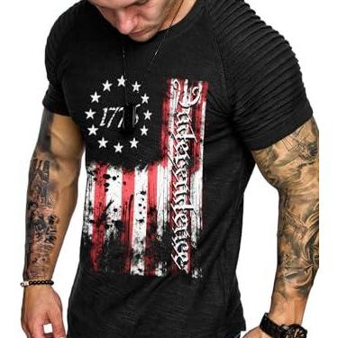 Imagem de COOFANDY Camiseta masculina de manga raglã plissada manga raglã musculação academia camiseta manga curta moda treino camisa hipster, Independence Day Series-1, 3G