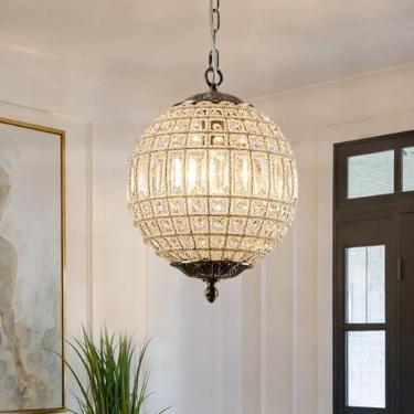 Imagem de HUOKU Lustre De Cristal Globo De Bronze Antigo, Lustre De Esfera Retrô Ajustável De 12" Com Pingente Clássico De Cristal Para Sala De Estar E Ilha De Cozinha