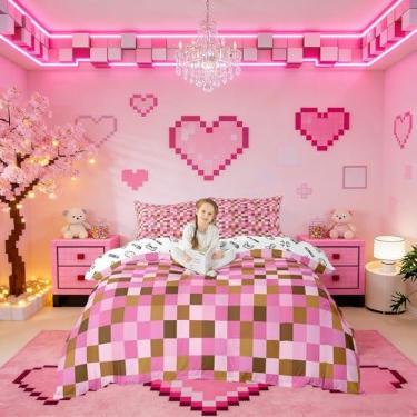 Imagem de Manfei Conjunto de capa de edredom com tema Pixel Grid tamanho casal, conjunto de cama gamepad de desenho animado 3 peças para decoração de quarto, roupa de cama infantil simples abstrata, capa de