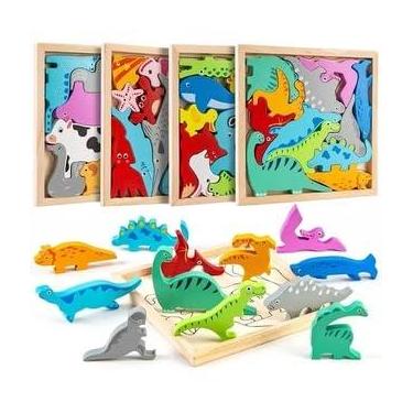 Imagem de Tabuleiro Quebra-cabeça 3D em Madeira com script Empilhe e Encaixe. Brinquedo Educativo Montessori (Animais do Zoológico)