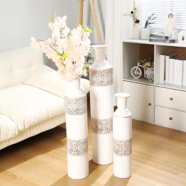 Imagem de Cinnvoice Vaso de chão branco alto 81 cm conjunto de 3 peças extra grandes de metal para decoração de casa vintage sala de estar canto quarto corredor escritório hotel casamento grama pampa pena galho