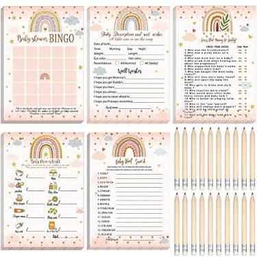 Imagem de Yinder 145 peças de cartas de atividades de jogos de chá de bebê com 20 lápis inclui descrição do Baby Bingo e Wishes Guess Who Price is Right Word Scramble Game (estilo Boêmio)