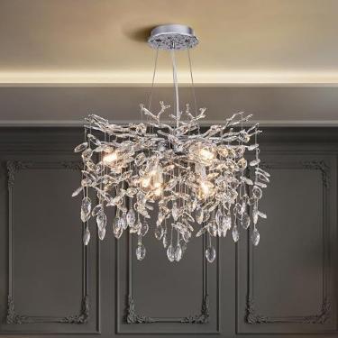Imagem de witkey Lustre De Cristal Moderno Com Galho De Árvore, Luxuoso, Prateado, Pendente De Cristal, 18" Lustres Contemporâneos De 6 Luzes Para Sala De Jantar, Cozinha, Quarto, Sala De Estar