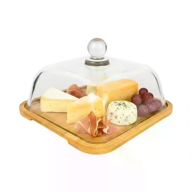 Imagem de Queijeira Quadrada De Cristal Com Base Madeira Monaco 18,5cm - Hauskra