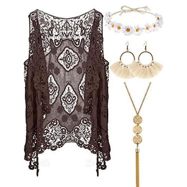 Imagem de WILLBOND 4 peças de roupas de Halloween dos anos 60 e 70 para mulheres, fantasia hippie dos anos 70, acessórios para mulheres, colete hippie com franjas, Caqui, M