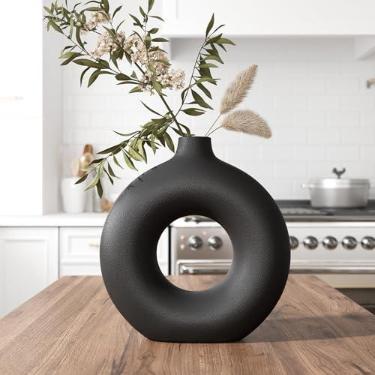 Imagem de GarDream Vaso de donut preto de 19 cm para grama dos pampas, vaso de cerâmica oco moderno para mesa, manto, vaso decorativo minimalista de estilo industrial nórdico para decoração de casa, sala de