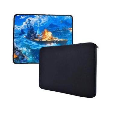 Imagem de Capa para notebook luva case 15,6" polegadas preta e mouse pad base antiderrapante com bordas costuradas 32 x 24 cm Kit
