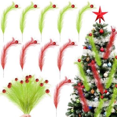 Imagem de 20 peças de topo de árvore de Natal, 35 cm, verde limão, vermelho, encaracolado, palitos de árvore com bola vermelha, enfeites de árvore de Natal, enfeites para festas, grinaldas, galhos, decoração de
