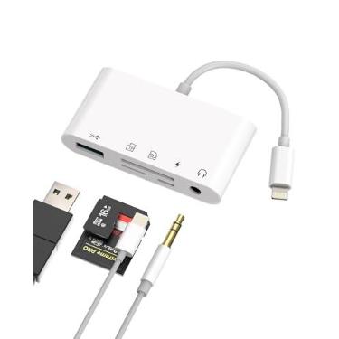 Imagem de Lightning para fone de ouvido de 3,5 mm, leitor de cartão SD TF, adaptador de carregador USB OTG (5 em 1) para iPhone para iPad Micro SD Camera Memory Stick Flash Drive Mouse Keyboard Dongle AUX cabo