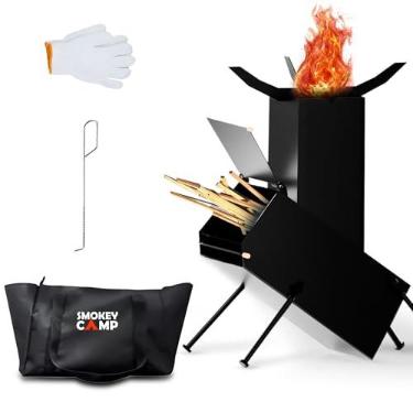 Imagem de Fogão foguete para acampamento, fogão a lenha resistente com pernas ajustáveis, fogão portátil a lenha, fogão, acampamento, churrasqueira, quintal ao ar livre, com bolsa de armazenamento, vara, luvas