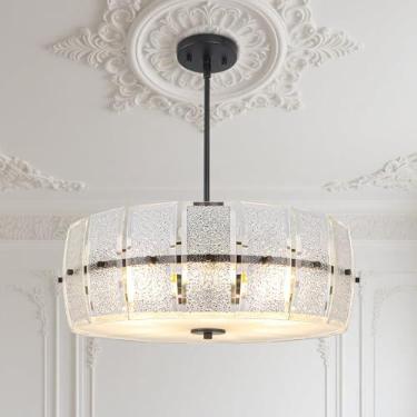 Imagem de LynPon Lustres De Vidro Preto De 20" Para Sala De Jantar, Luminárias De Teto Elegantes De Fazenda De 5 Luzes, Luzes Pendentes Redondas Modernas, Lustres De Tambor De Luxo Para Cozinha, Corredor, Qua