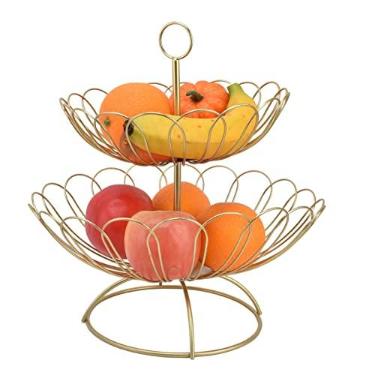 Imagem de Natudeco Cesta de frutas de 2 camadas dourada moderna design nórdico cesto doméstico geométrico destacável para cozinha, bancada, sala de estar, legumes e lanches