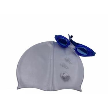 Imagem de Touca de Natação Impermeável，Toca de Natação Adulto，Kit De Natacao com Touca Silicone E Oculos Para jovens E Adultos(Cinza(touca)+Azul escuro(óculo)