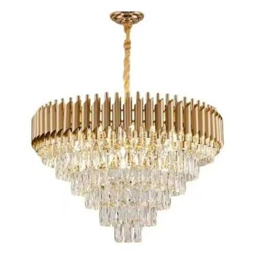 Imagem de Lustre Pendente De Cristal Dourado 95cm Redondo - Pendente para Sala de Estar, Sala de Jantar, Quarto - Com Corrente Ajustável - Instalação Fácil 110/220- Redondo Dourado- 95cm x 1,50mts-