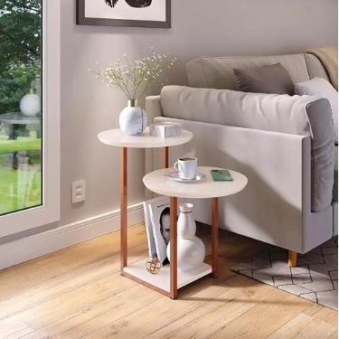 Imagem de Mesa De Apoio Sala Alta Redonda Lateral De Cama Decorativa Cor Off White/Rosê Gold