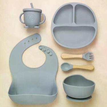 Imagem de Kit Refeição Bebê Silicone 6 Peças Livre de BPA Prato Talheres - Era U