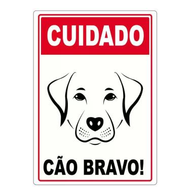 Imagem de Adesivo Placa Cuidado Cão Bravo Vertical 27X17Cm Vermelho