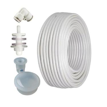 Imagem de Adaptador de Fixação da Boia na Tampa do Filtro + Boia Nível de Água + Engate Rápido União L ¼ +Tubo (Engate L Branco, 03 Metros Mangueira)