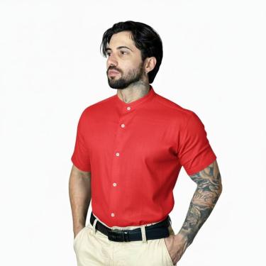 Imagem de Camisa Social Gola Padre Masculina Slim Manga Curta - Mitchelgutto, Ve