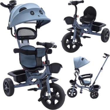 Imagem de Triciclo Carrinho de Passeio 2 em 1 Infantil Assento Giratório 360° com Capota Solar Porta Objetos até 50kg Haste Empurrador Cestos e Rodas de EVA INMETRO (Azul)