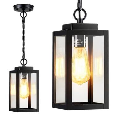 Imagem de Luzes pendentes externas de 28 cm para varanda, lanterna suspensa de lustre | 1 pacote de luz de teto preta externa com vidro transparente, luminária pendente externa moderna para varanda